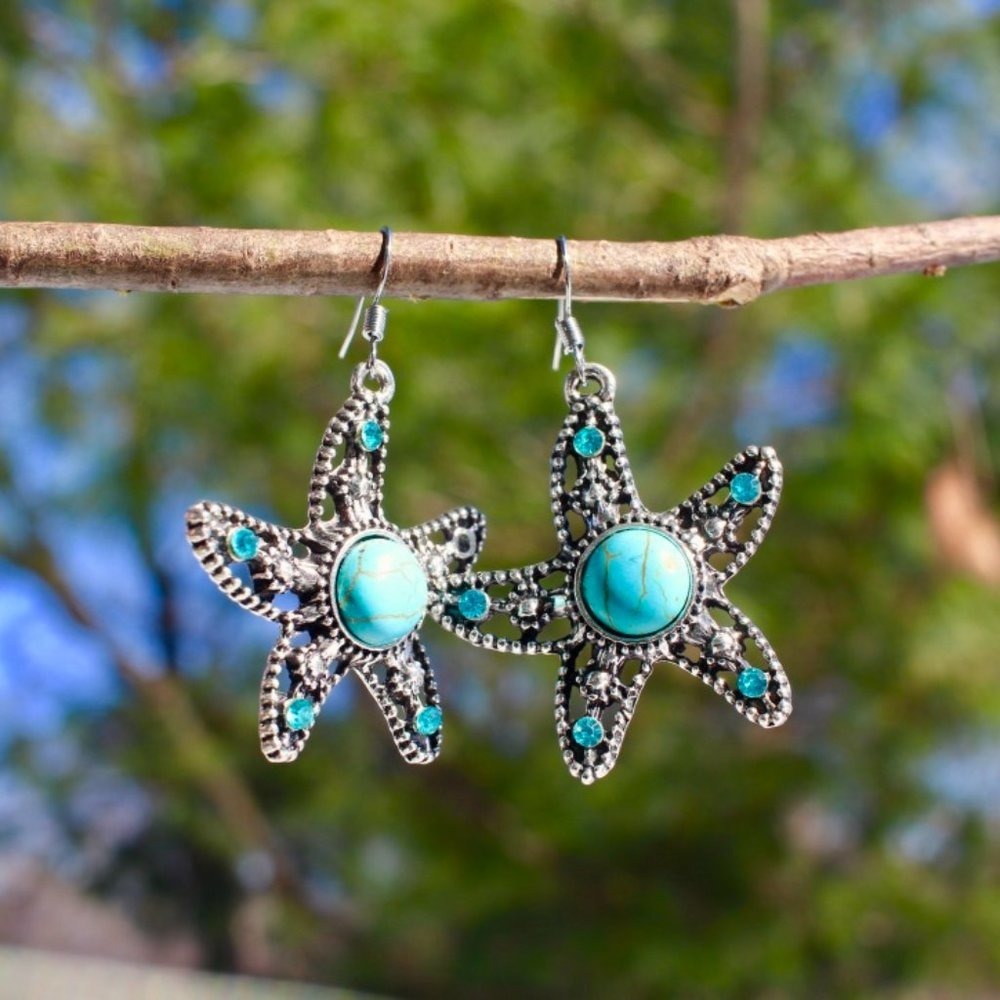 New Silver Starfish Blue Turquoise Dangle Earrings